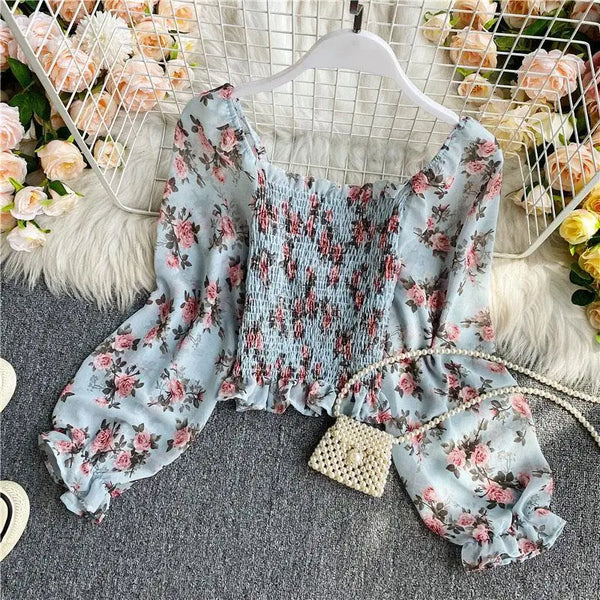 Blouse Women Autumn Retro Sexy Square-Neck Chiffon Shirt Long Sleeve Women's High Waist Short Blusas Ropa De Mujer