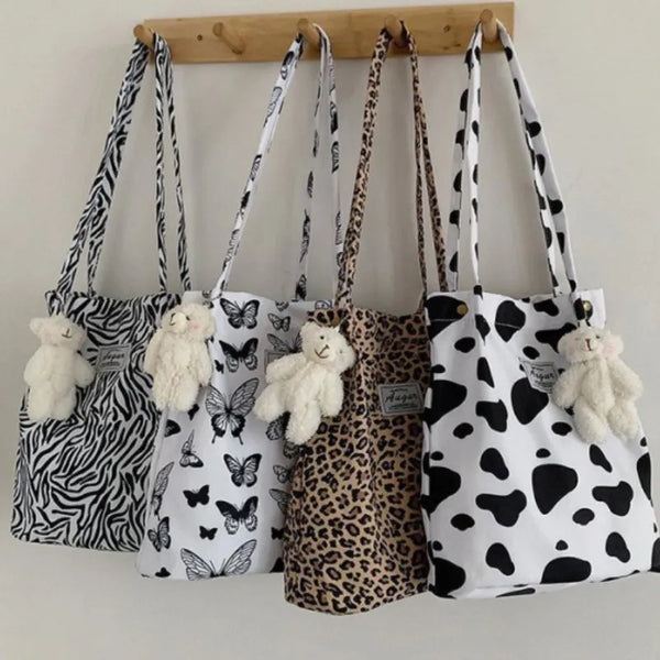 Korean Chic Big Casual Tote Bag Leopard Shoulder Bag Ladies Canvas Bag New Shopping Bag Student Print Handbag Bolsa Mujer