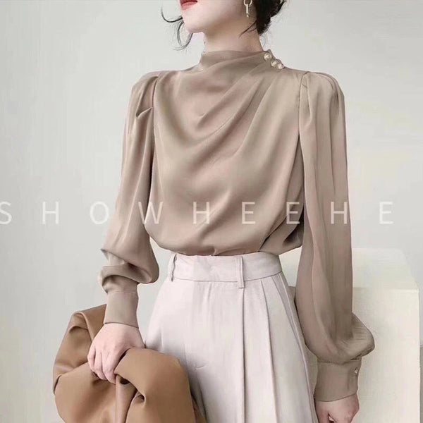 Vintage Pleated Button Patchwork Blouse Spring Autumn New Long Sleeve Solid Loose Shirt Tops Temperament Fashion Women Clothing