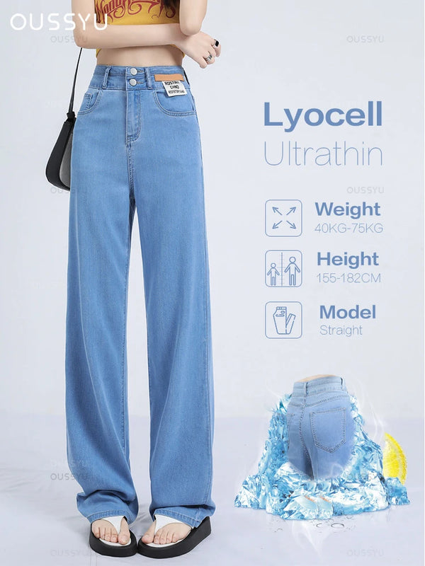 Summer Soft Natural Lyocell Fabric Women's Jeans Thin Baggy Wide Leg Denim Pants High Waisted Casual Trousers Female Size 25-32